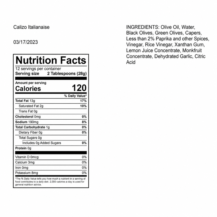 Nutrition facts label for Calizo Italianaise with ingredients listed on a white background.